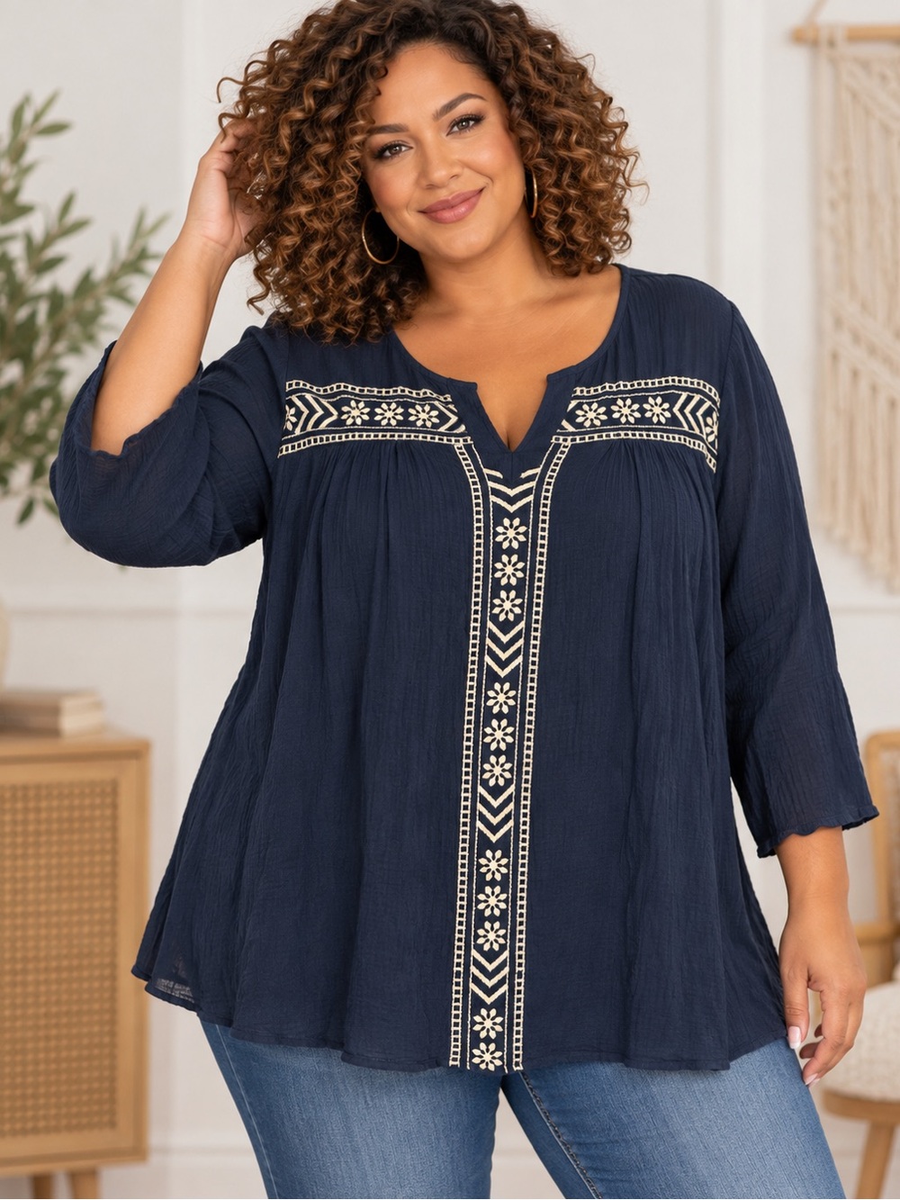Umgee Navy Blue Embroidered Boho Tunic Blouse Size XL
